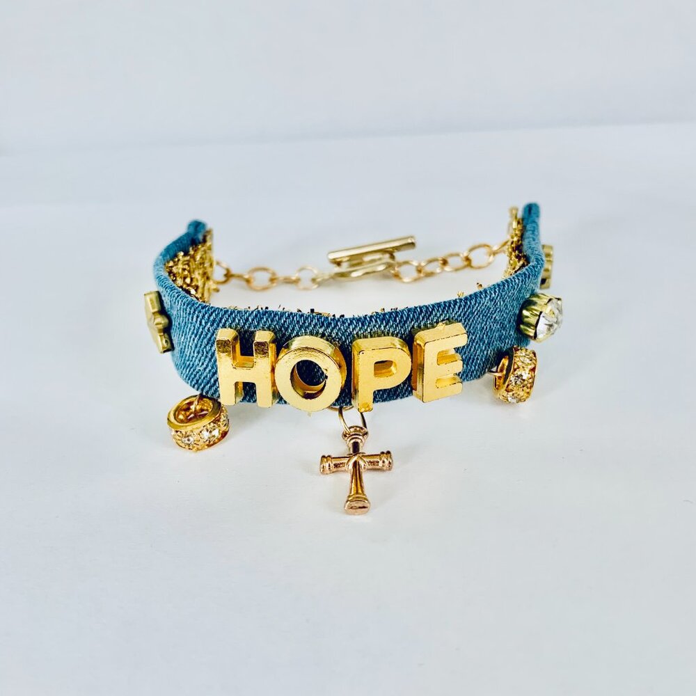 New Handmade in USA Denim Bracelet HOPE with Charms and Beads–Boho Chic Jewelry